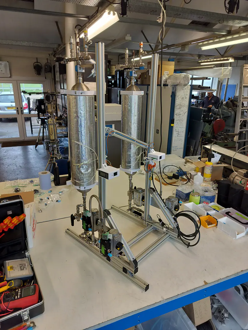 Rocket engine test rig during assembly.