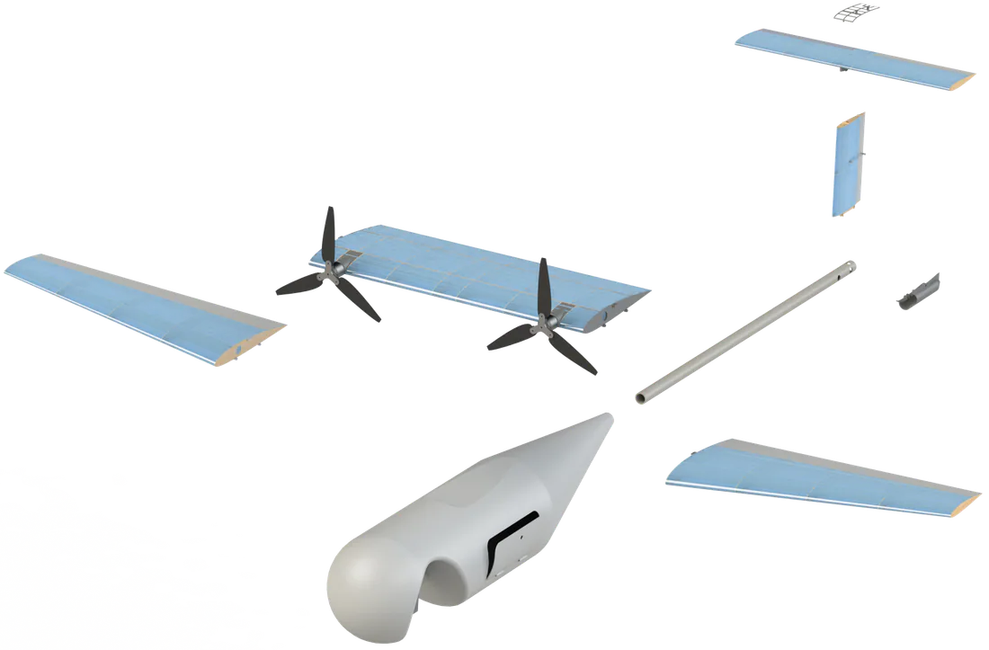 Exploded view CAD render of the UAV.