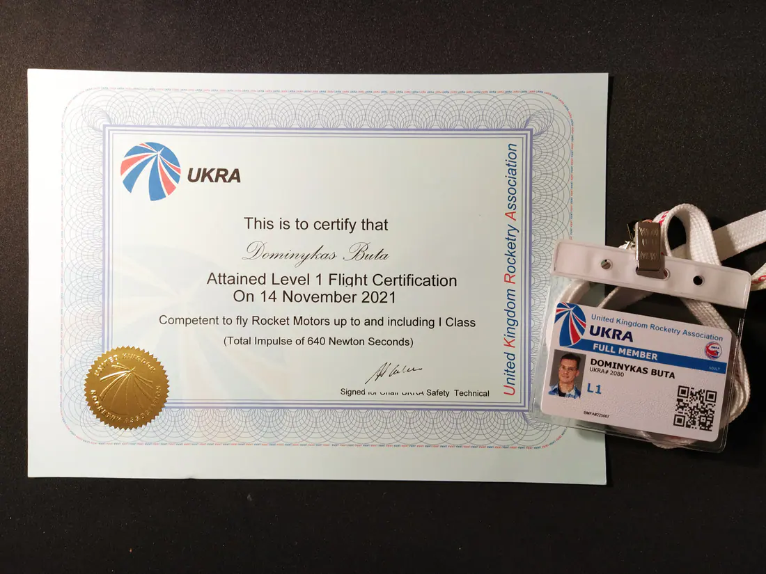 The acquired Level 1 High Power Rocketry Certification.