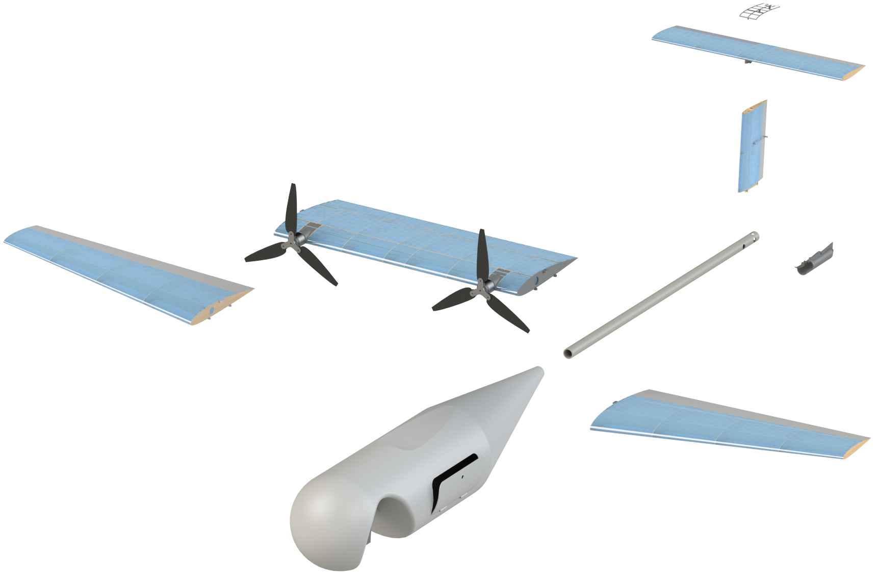 Exploded view CAD render of the UAV.